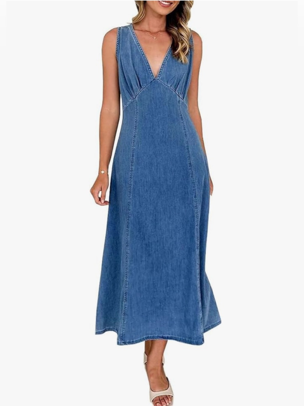 Sleeveless V-Neck Denim Maxi Dress - light Blue